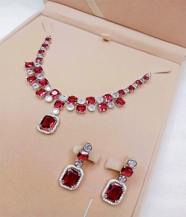 American Diamond Maroon Diamond Necklace Set With Earrings (ZV:27945)