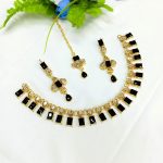 Black Zircon Stone Necklace Set with Earrings and Tika (ZV:27512)