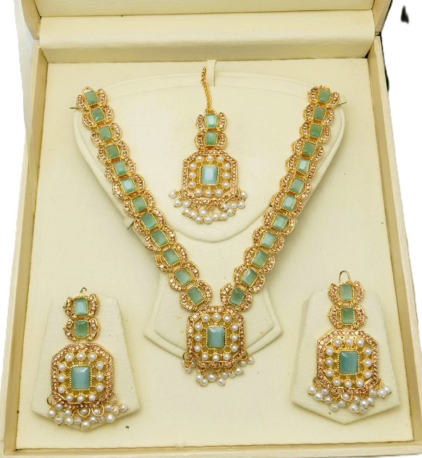 Zircon Stone Sea Green Necklace Set with Earrings and Tikka (ZV