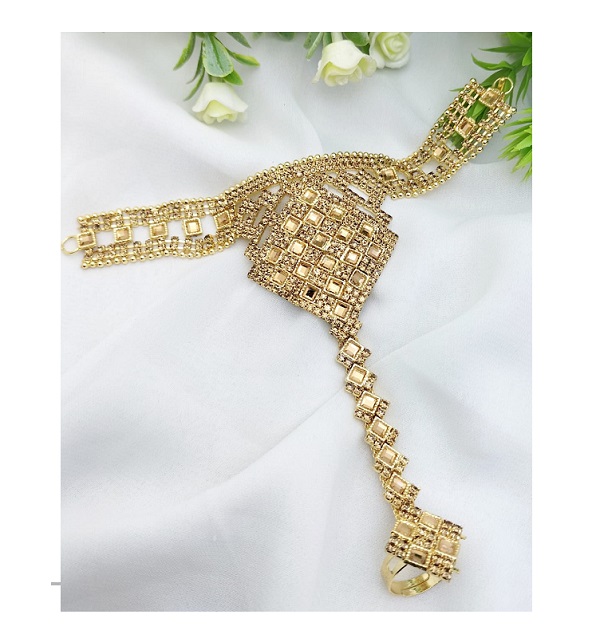 Traditional Indian Farshiya Kundan Bracelet with Ring Attached (ZV:28164)q