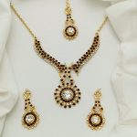 Traditional White and Black Zircon Necklace Set with Earrings & Bindia (ZV:28925)
