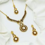 Traditional White and Black Zircon Necklace Set with Earrings & Bindia (ZV:28925)