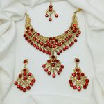 Indian Wedding Maroon & White Necklace Set with Earrings and Bindia (ZV:29007)