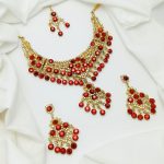 Indian Wedding Maroon & White Necklace Set with Earrings and Bindia (ZV:29007)