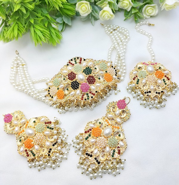 Indian Nauratan Gajra Choker Necklace Set with Earrings and Tika (ZV:29269)