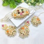 Indian Nauratan Gajra Choker Necklace Set with Earrings and Tika (ZV:29269)