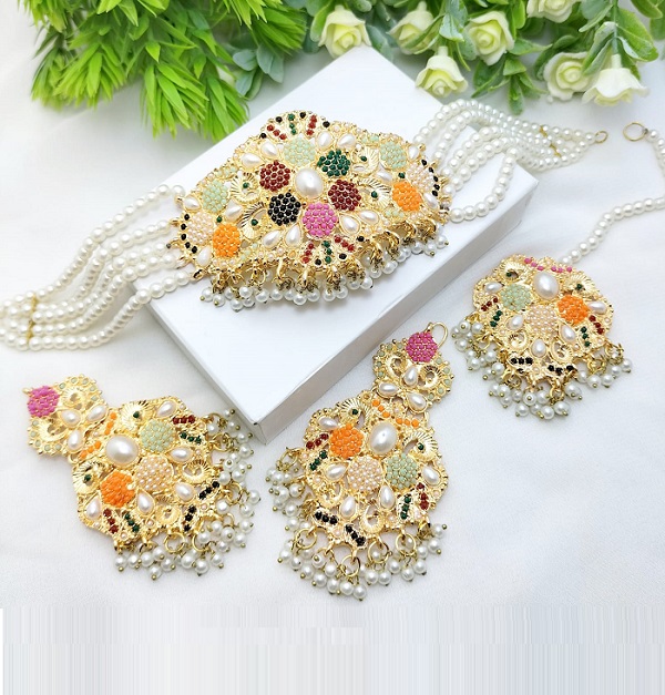 Indian Nauratan Gajra Choker Necklace Set with Earrings and Tika (ZV:29269)