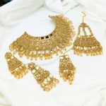 Gold Plated Kundan Wedding Necklace Set With Earrings, Tikka and Jhoomar (ZV:29528)