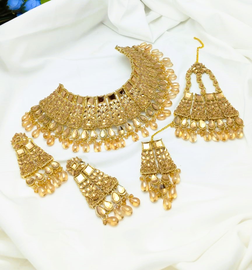 Gold Plated Kundan Wedding Necklace Set With Earrings, Tikka and Jhoomar (ZV:29528)