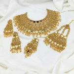 Gold Plated Kundan Wedding Necklace Set With Earrings, Tikka and Jhoomar (ZV:29528)