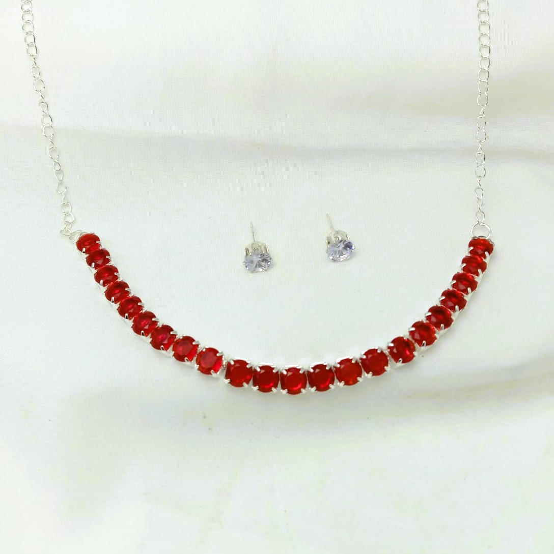 Stylish Maroon Silver AD Zircon Necklace Set With Tops (ZV:29553)