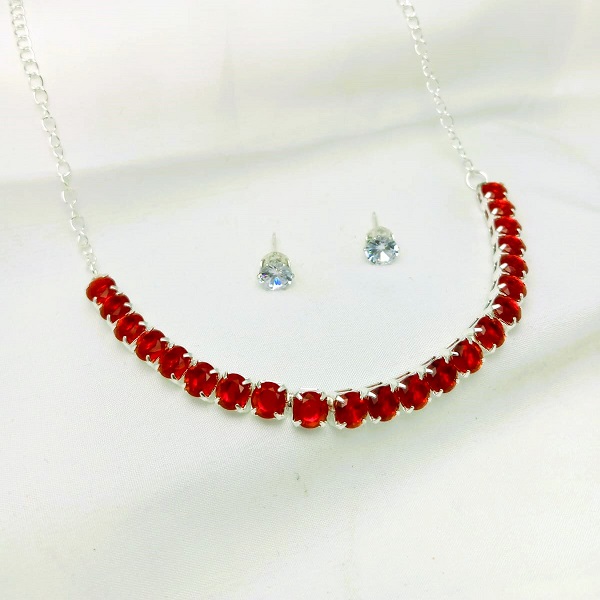 Stylish Maroon Silver AD Zircon Necklace Set With Tops (ZV:29553)