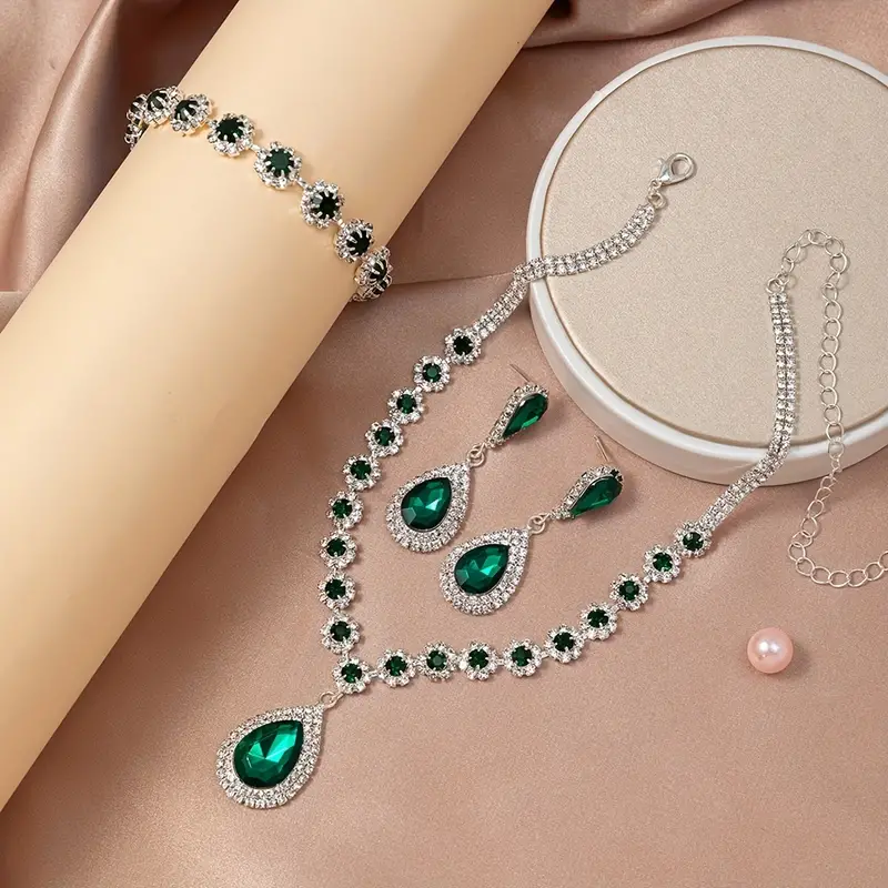 Beautiful Green Crystal Rhinestone Necklace Jewelry Set With Earrings & Bracelet (ZV:29582)