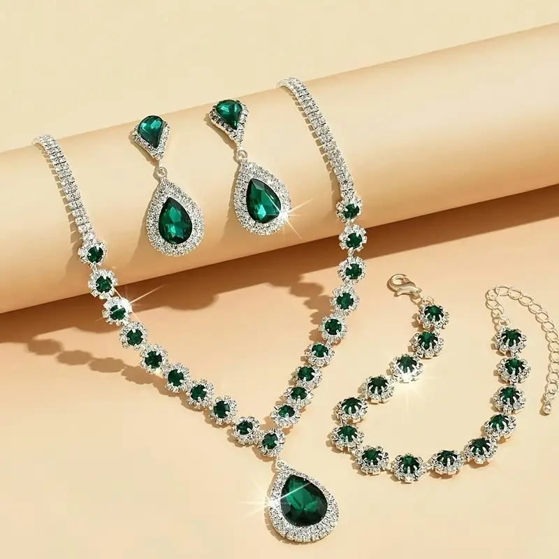 Beautiful Green Crystal Rhinestone Necklace Jewelry Set With Earrings & Bracelet (ZV:29582)