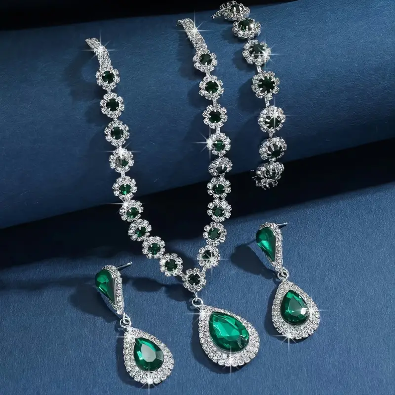 Beautiful Green Crystal Rhinestone Necklace Jewelry Set With Earrings & Bracelet (ZV:29582)