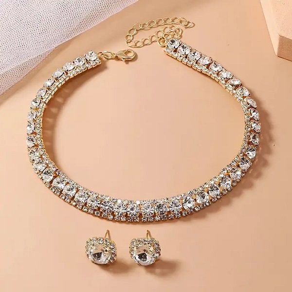 Luxury White Rhinestone Necklace Set With Earrings (ZV:29682)