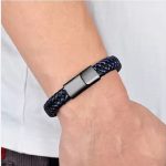 Black & Blue Rope Style Leather Bracelet For Men (ZV:30183)