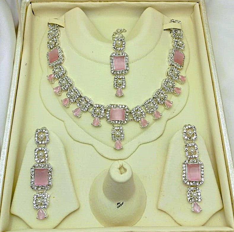 Silver Tea Pink Ziron Necklace Set with Earrings & Tikka (ZV:30450)