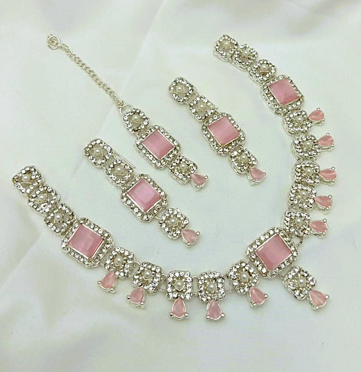 Silver Tea Pink Ziron Necklace Set with Earrings & Tikka (ZV:30450)