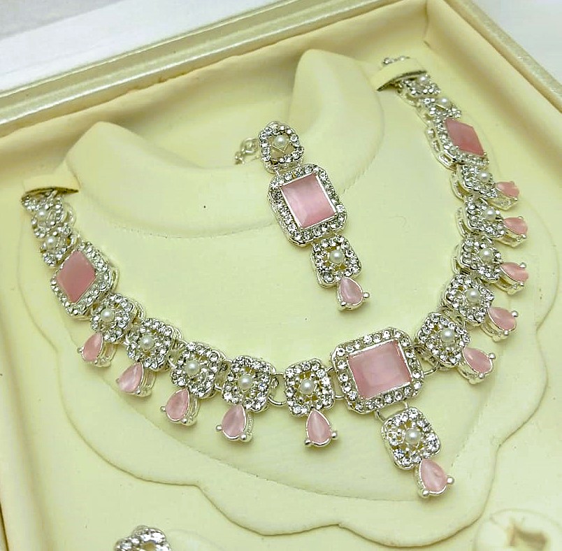 Silver Tea Pink Ziron Necklace Set with Earrings & Tikka (ZV:30450)