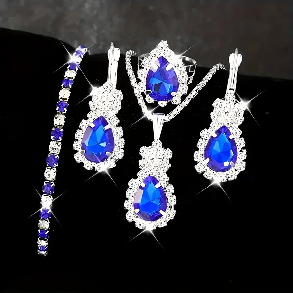 Sparkling Teardrop Blue Pendant Combo Set with Earrings, Bracelet and Ring (ZV:30496) Sparkling Teardrop Blue Pendant Combo Set with Earrings, Bracelet and Ring (ZV:30496)