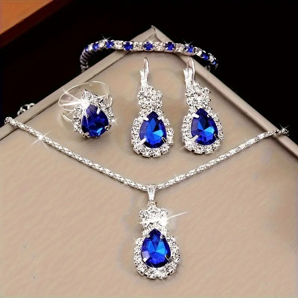 Sparkling Teardrop Blue Pendant Combo Set with Earrings, Bracelet and Ring (ZV:30496) Sparkling Teardrop Blue Pendant Combo Set with Earrings, Bracelet and Ring (ZV:30496)`
