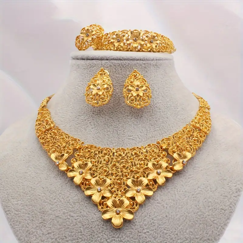 27610b550f0222d7e675080aa523d045 Gold Plated Wedding Necklace Jewelry Set With Earrings, Ring and Bracelet (Z:31524)