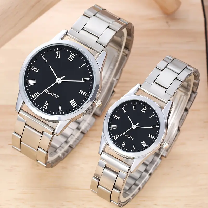 Silver Couple Quartz Watch with Black Round Dial (ZV:31918) Silver Couple Quartz Watch with Black Round Dial (ZV:31918)