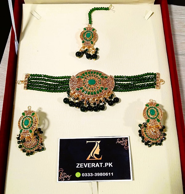 Wedding Farshi Kundun Stone Choker Set with Earrings and Bindia (ZV:32930)