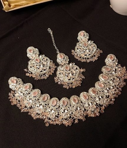 Kundan Gajra Silver Pink Necklace Set with Earrings and Tika (ZV:32994)
