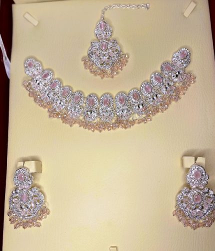 Kundan Gajra Silver Pink Necklace Set with Earrings and Tika (ZV:32994)