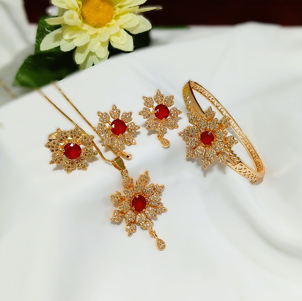 Zircon Flower Chain Locket Set With Tops, Ring & Kara (ZV:33143)