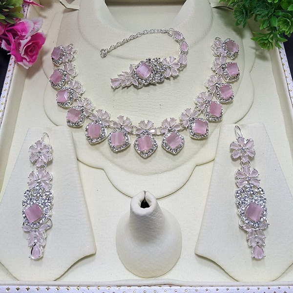 Elegant Pink Silver Zircon Necklace Set with Earrings and Bindia (ZV:33470)