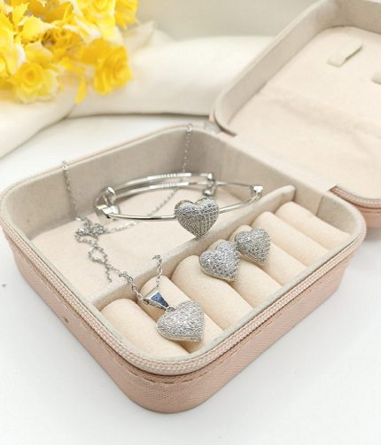 Elegant Silver Plated Zircon Heart Locket Set With Bangle (zv:39492)
