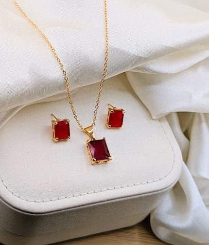 Ruby Red Zircon Pendant Locket Set with Earrings (ZV:141152)