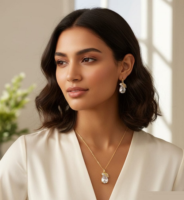 Elegant Gold Plated Teardrop Zircon Pendant Necklace Set with Tops (ZV141174)