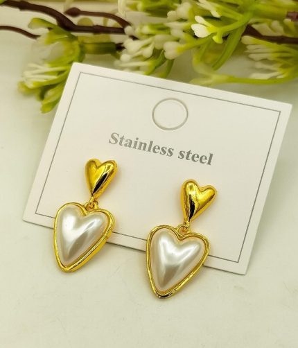 Beautiful Gold Plated Stainless Steel Pearl Heart Drop Earrings (ZV:141189)