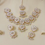 Luxury Pearl & Kundan Floral Bridal Necklace Jewelry Set (ZV:141200)