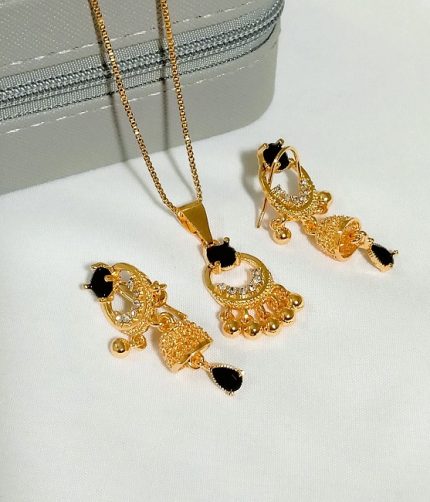 Luxury Gold Plated Black Stone Locket Set with Earrings (ZV:141217)