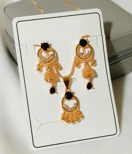 Luxury Gold Plated Black Stone Locket Set with Earrings (ZV:141217)