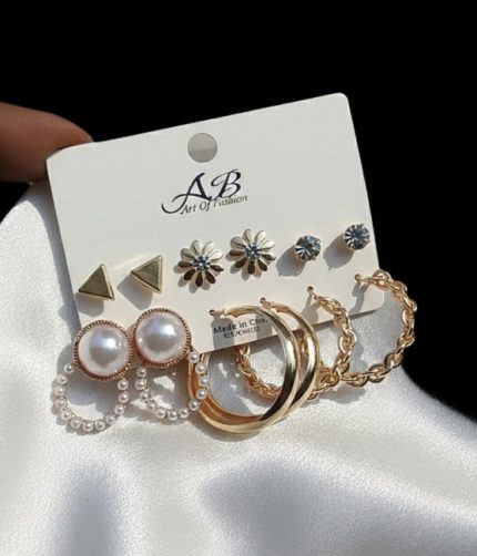 Gold Plated Multi-Style Earrings Set – Pearl, Hoop, Stud & Crystal Earrings Combo Pack (ZV:141258)
