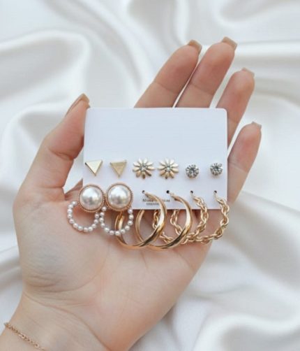 Gold Plated Multi-Style Earrings Set – Pearl, Hoop, Stud & Crystal Earrings Combo Pack (ZV:141258)