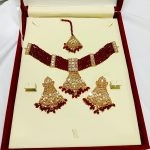 Elegant Maroon Choker Jewelry Set with Earrings and Bindia (ZV:141138)