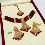 Elegant Maroon Choker Jewelry Set with Earrings and Bindia (ZV:141138)