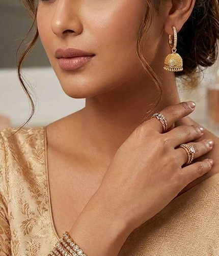 Traditional Pakistani Elegant Gold Plated Zircon Jhumka Drop Earrings (ZV:141148)