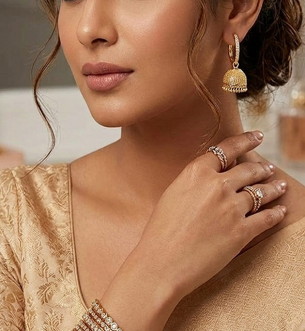 Traditional Pakistani Elegant Gold Plated Zircon Jhumka Drop Earrings (ZV:141148)