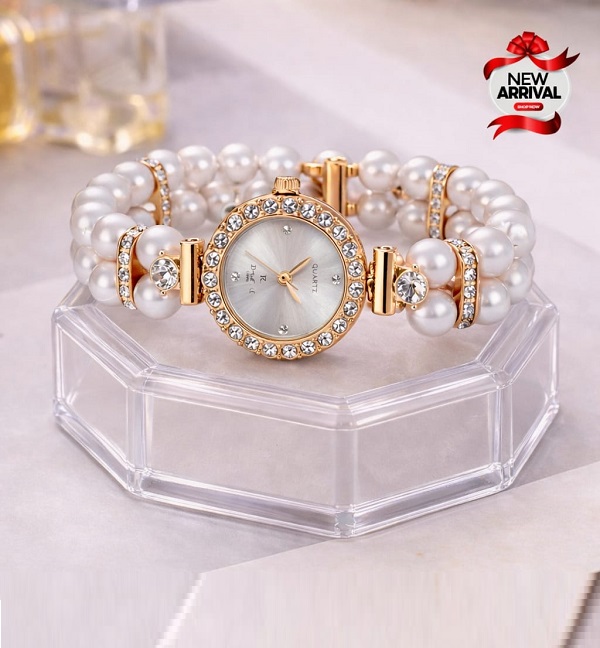 Gold Crystal Dial Elegant Pearl Bracelet Watch (ZV:141313) Gold Crystal Dial Elegant Pearl Bracelet Watch (ZV:141313)