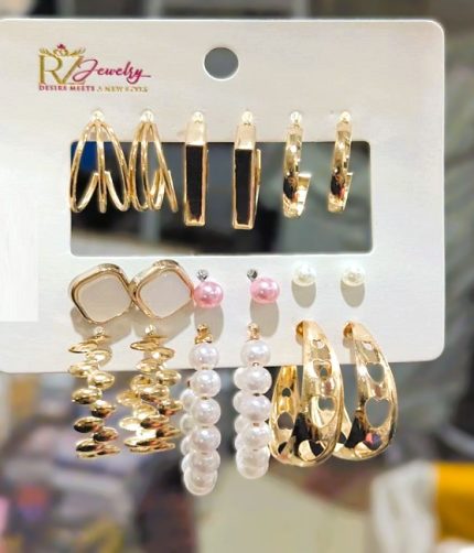 Elegant Gold-Tone Multi-Design Earrings Pack – Pearl, Stud & Hoop Styles (ZV:141317)