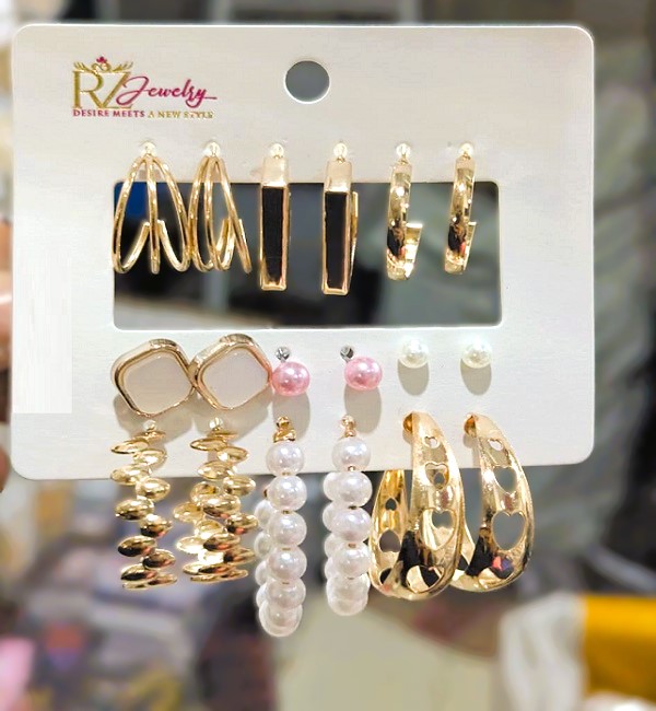 Elegant Gold-Tone Multi-Design Earrings Pack – Pearl, Stud & Hoop Styles (ZV:141317)