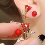 Elegant Red Rose Stud Earrings with Pearl Accent (ZV:141461)